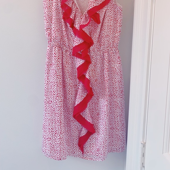 HOT PINK/FUCHSIA/WHITE💖ANN TAYLOR/LOFT PETITES XSP SILK RUFFLE MINI DRESS - Picture 2 of 9